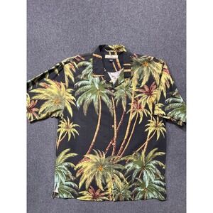 #A036 Tommy Bahama Mens Medium 100% Silk Camp Shirt Black Palm Tree Tropical Haw